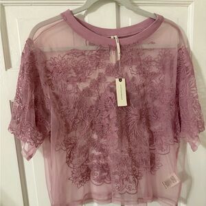 Anthropologie Floral Embroidered Sheer Blouse - Dusty Pink